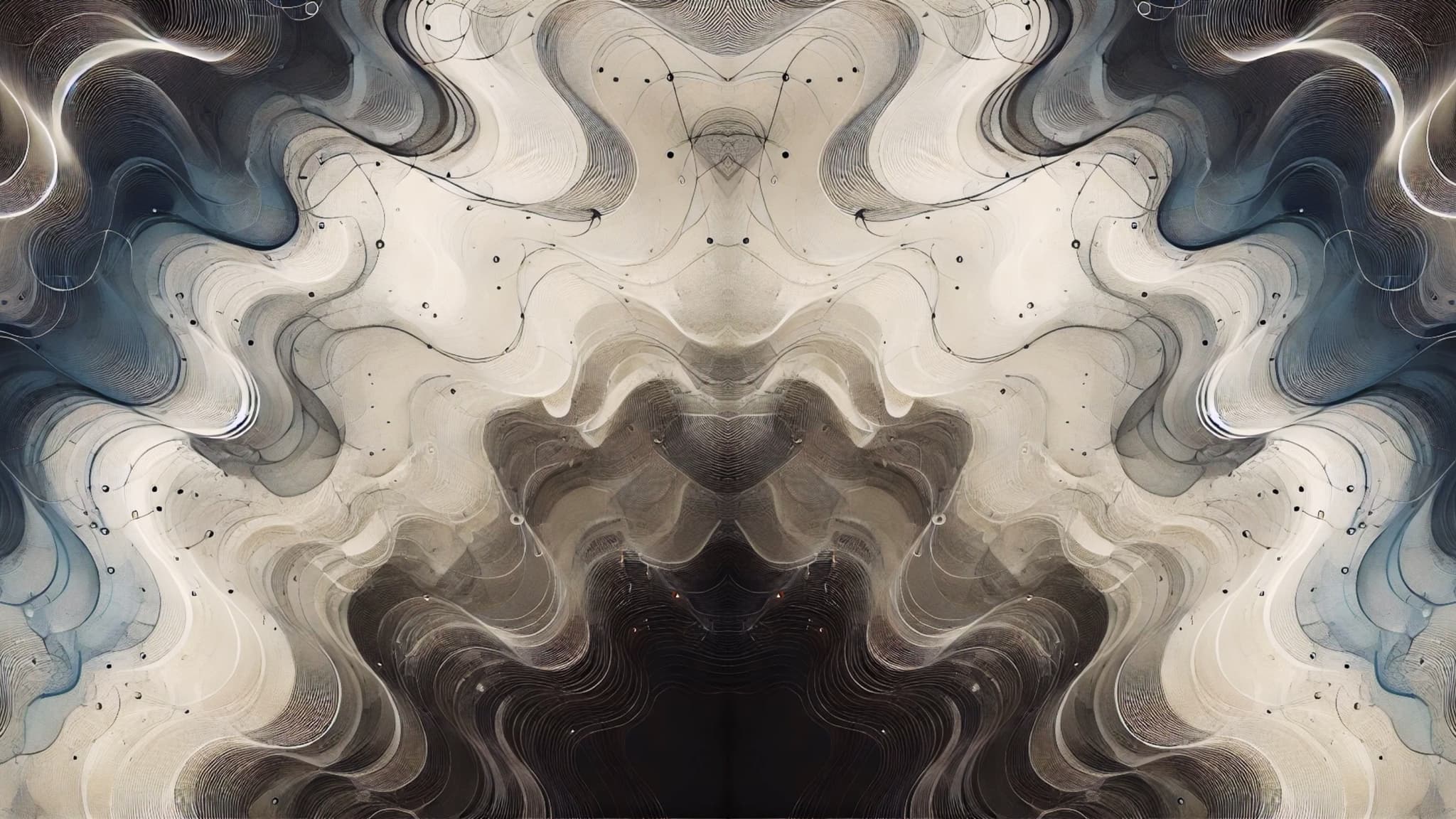 Abstract symmetrical black, white and blue line artwork.
