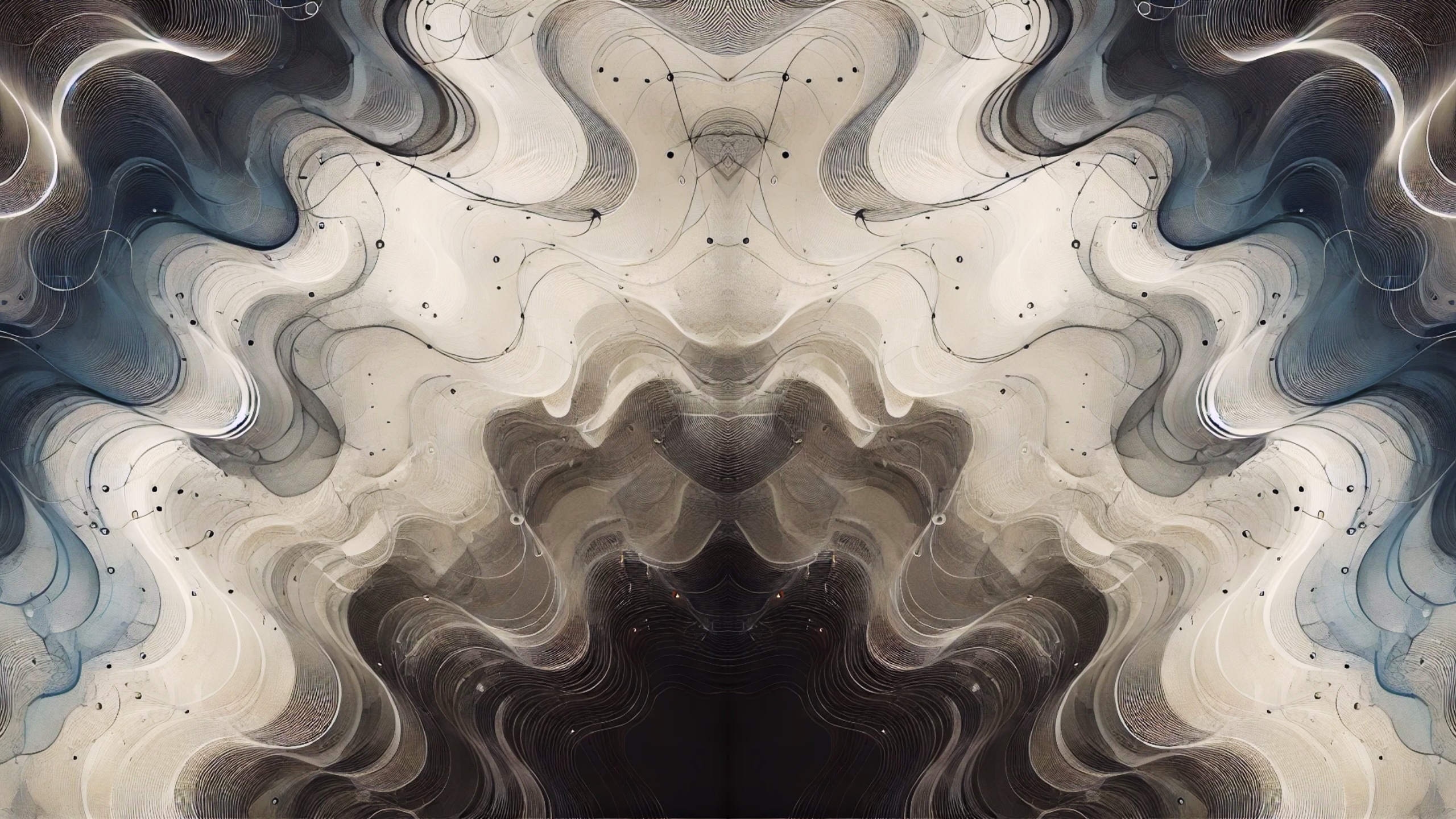 Abstract symmetrical black, white and blue line artwork.